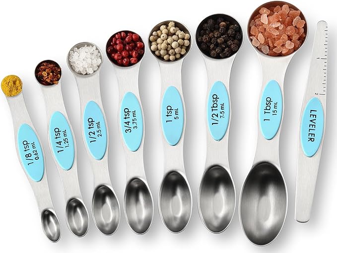 Spring Chef Magnetic Measuring Cups & Spoons Set (Patent Pending), Strong Magnets, Heavy Duty Stainless Steel Fits in Spice Jars for Baking & Cooking, BPA Free, Round Set of 15 with Leveler, Aqua Sky