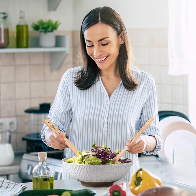 Wotalation Large White Ceramic Salad Serving Bowl - 9.4 Inch Party Bowl for Holidays, Fruit Bowl with Bamboo Utensils (57.4oz), Microwave & Dishwasher Safe