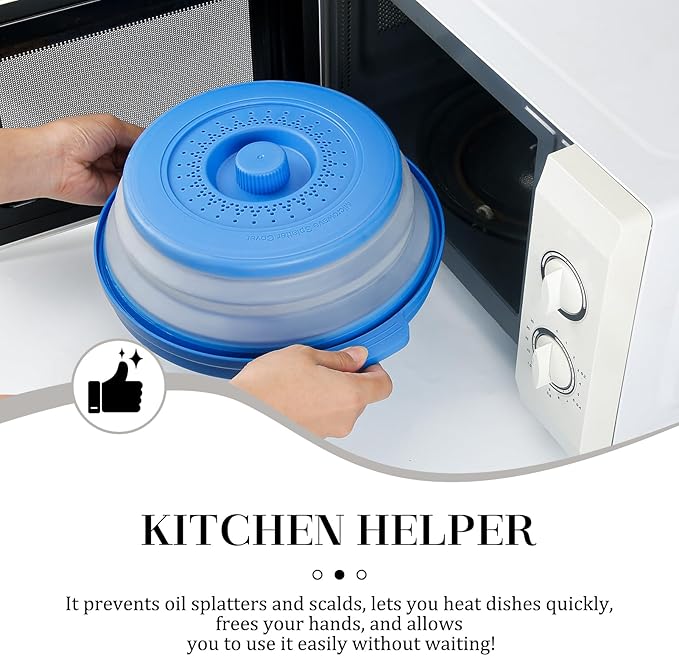 10.7 Inch Microwave Food Cover with Heat Insulation Mat, Anti-Scald Collapsible Microwave Splatter Cover, Multi-Functional as Colander & Fruit Plate, Dishwasher Safe, Ideal for Meal Prep (Dark Blue)