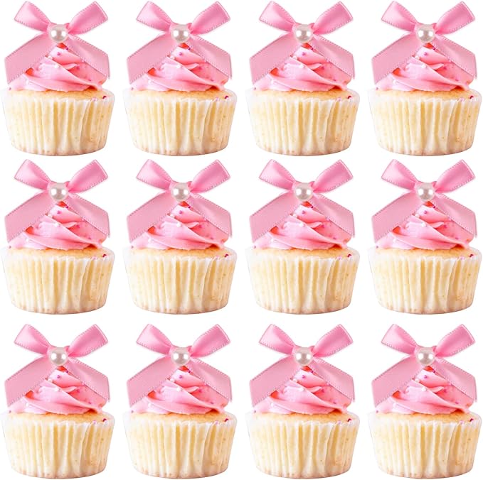 12 Pcs Mini Pink Pearl Bow Cake Toppers Pearl Bows Cake Decorations Ribbon Bowknot Birthday Cupcake Topper Pearls Bow Knot Ornament for Bachelorette Birthday Engagement Wedding Party Supplies