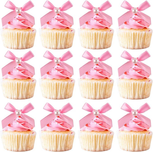 12 Pcs Mini Pink Pearl Bow Cake Toppers Pearl Bows Cake Decorations Ribbon Bowknot Birthday Cupcake Topper Pearls Bow Knot Ornament for Bachelorette Birthday Engagement Wedding Party Supplies