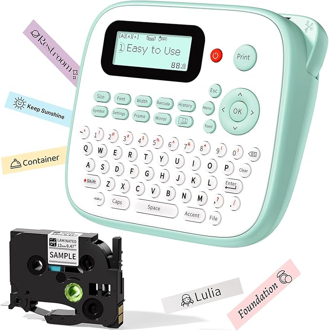 D210S Kids Label Maker, Label Maker Machine with Waterproof-Labels, Portable Keyboard Labeler Machine with-Tape 12mm 0.47 Laminated White, Multiple Symbols for Home Garden Office School Kids Use