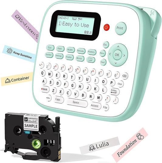 D210S Kids Label Maker, Label Maker Machine with Waterproof-Labels, Portable Keyboard Labeler Machine with-Tape 12mm 0.47 Laminated White, Multiple Symbols for Home Garden Office School Kids Use