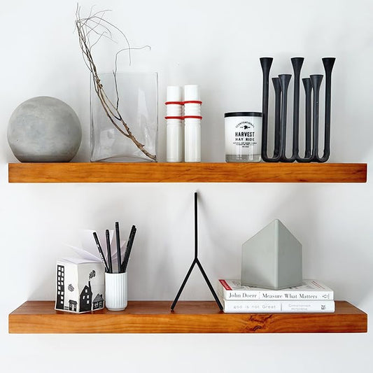 Homeforia Oak Floating Shelves 30 inch Long, High End Solid Real Wood 30inch Floating Shelf for Wall Mounted, Honey Oak Wooden 30in Floating Shelves, Heavy Duty Bracket, 30 X 6.5 X 1.75 in, Set of 2