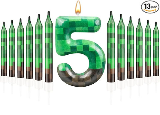 13 Pcs Dynamite Candles 12 TNT Themed Birthday Cake Candles and Number 5 Candle Cake Topper for Pixel Theme Birthday Party Anniversary Party Dynamite Theme Party Video Game Party Supplies (Number 5)