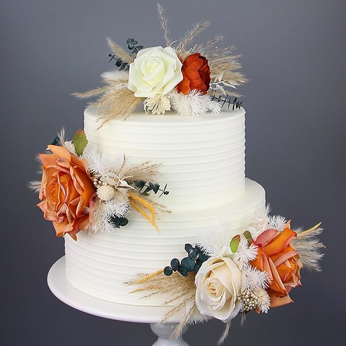 Rinlong 3-Piece Boho Chic Cake Toppers: Terracotta & Beige Silk & Dried Eucalyptus Flowers for Weddings, Birthdays, Baptisms & More