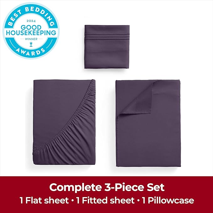 Mellanni Extra Deep Twin XL Sheets - 3 PC Iconic Collection Bedding - Hotel Luxury, Ultra Soft, Cooling Bed Sheets - Wrinkle, Fade, Stain Resistant (Twin Extra Long, Purple)