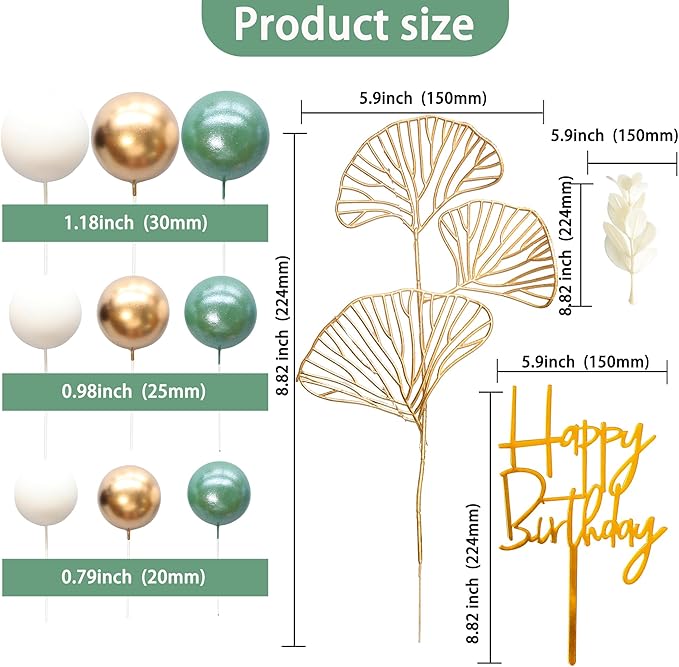 Gyufise 57Pcs Balls Cake Topper Boho Grass Cake topper Pearl Balls Acrylic Happy Birthday Cake Decorations for Wedding Baby Shower Birthday Boho Themed Party Supplies Pearl Green