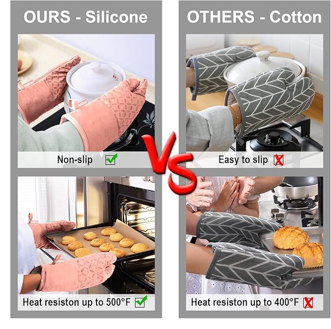 KEGOUU Oven Mitts and Pot Holders 6pcs Set, Kitchen Oven Glove High Heat Resistant 500 Degree Extra Long Oven Mitts and Potholder with Non-Slip Silicone Surface for Cooking (Pink)