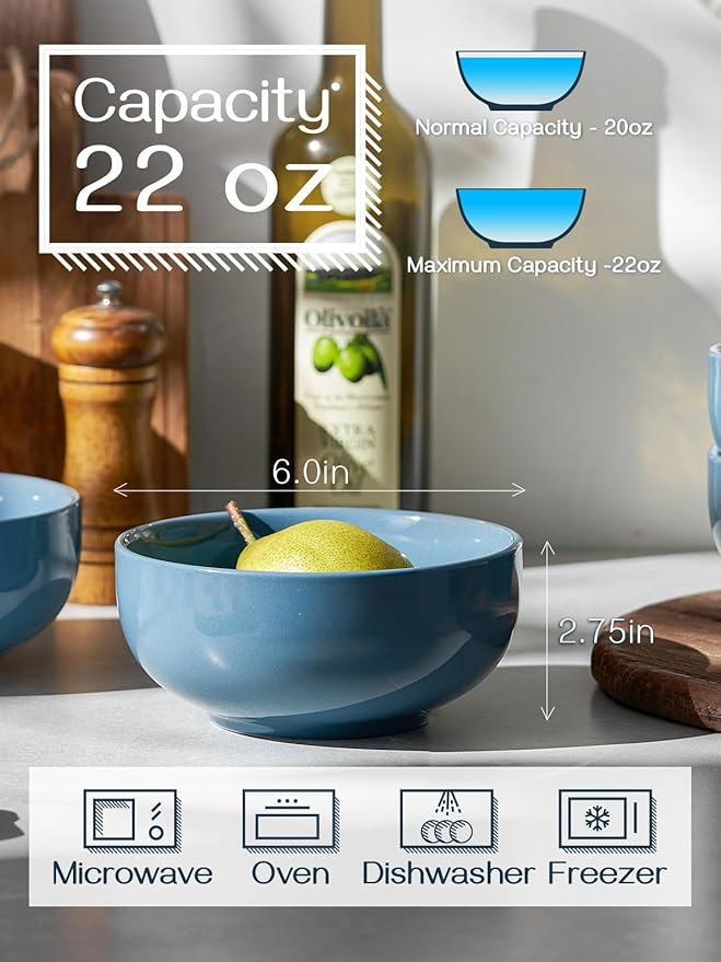 DOWAN 22 OZ Ceramic Soup Bowls & Cereal Bowls - 6" Classic Bowls Set of 4 for Soup, Cereal, Oatmeal, Fruit, Rice - Dishwasher & Microwave Safe (Airy Blue)