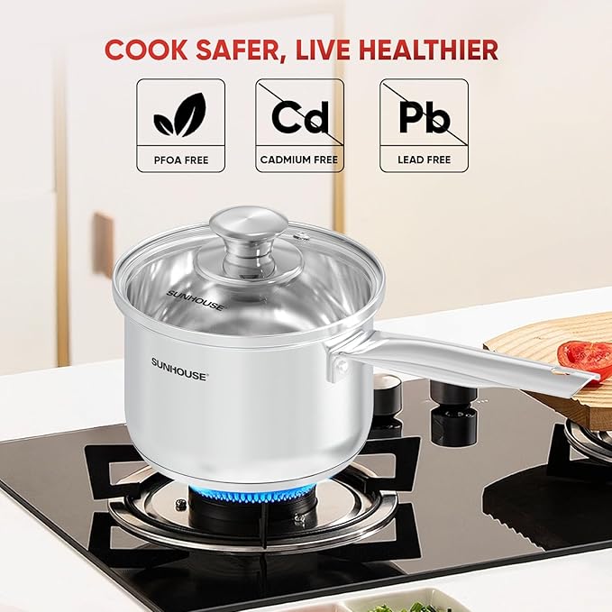 Sunhouse – 1.5 Quarts Stainless Steel Sauce Pan with Lid - PFOA-FREE, Stainless Steel Sauce Pan, Induction base, Stay-Cool Handle, Compatible with All Cooktops Gas, Geramic, Electric etc.