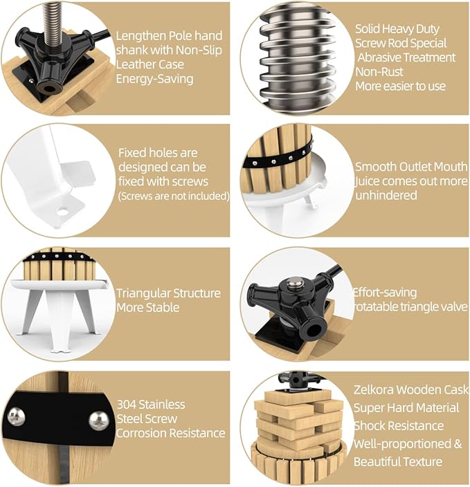 SQUEEZE master Fruit Press-7.9 Gallon/30L-Solid Wood Basket Wine Press-Vintage traditional juicer-6 Press Wooden Blocks-Pole Handle Bar for Juice,Wine,Cider-1 free filter bag included