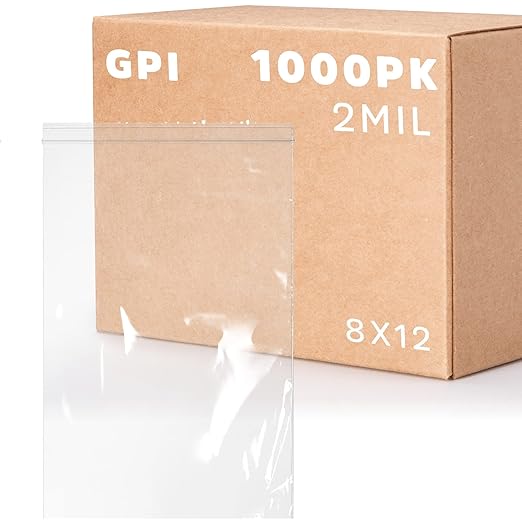 GPI - 8" x 12", Case of 1000, Clear Plastic Reclosable Zip Bags, 2 Mil Thick, Zip Poly Bags with Resealable Lock Seal Zipper For Food, Apparel, Medical, Household & Office Supplies