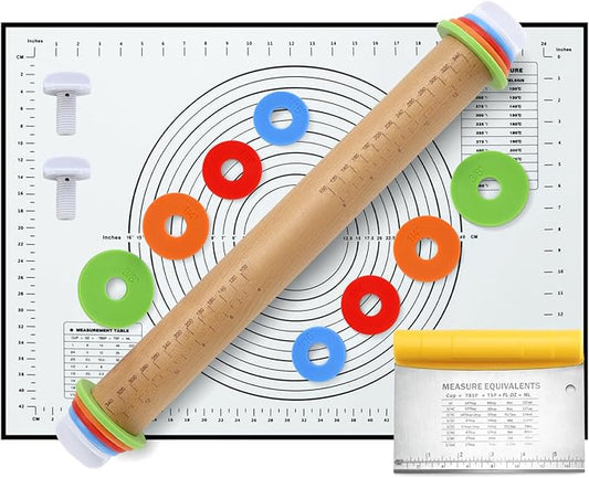 Unokit Rolling pin 3-Piece Set, 17.5" Rolling Pin with Adjustable Thickness Rings, Wooden Dough Roller, Rolling Pins for Baking Pizza, Pasta, Bread - Baking Essentials