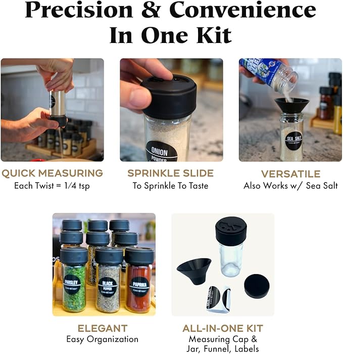 Glass Spice Jars & Measuring Cap Set - Twist to Dispense 1/4 Tsp Per Turn for Precise Cooking - Spice Jars with Lids Keep Kitchen Organized & Tidy - Enjoy Round Spice Jar Without Mess -1 Pack