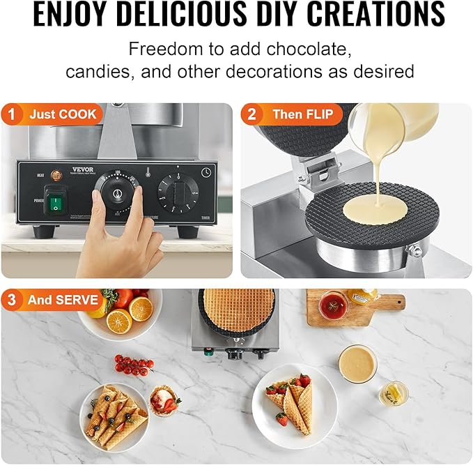 VEVOR Electric Ice Cream Cone Maker, Commercial 1230W Waffle Cone Machine, Non-Stick Stainless Steel Egg Roll Mold, with Temperature and Time Control, Handle, for Restaurant Bakery Snack Bar Family