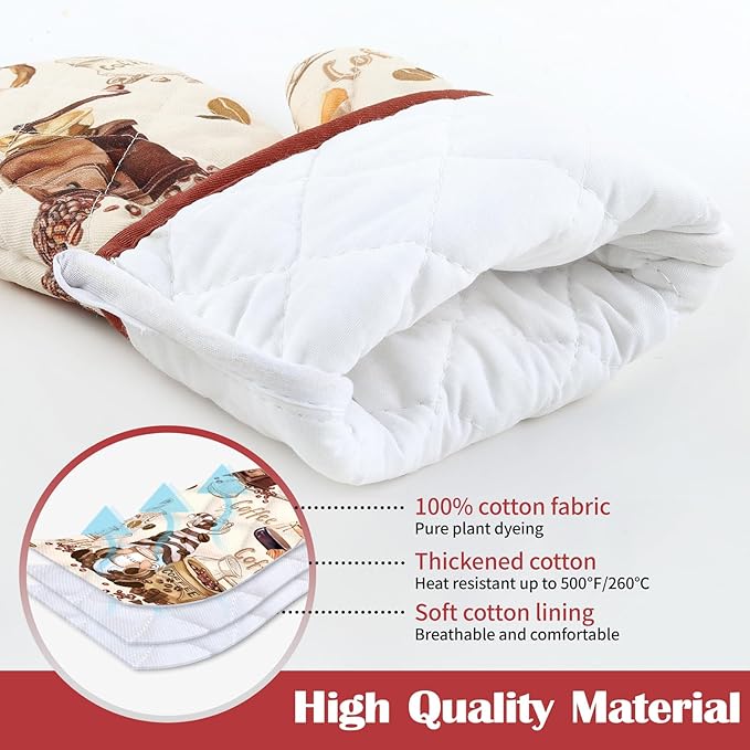 Vintage Coffee Kitchen Towels and Oven Mitts Set 4Pcs, Soft Absorbent Dish Cloth Heat Resistant Oven Gloves for Cooking Baking Kitchen Decoration, Gifts for Her