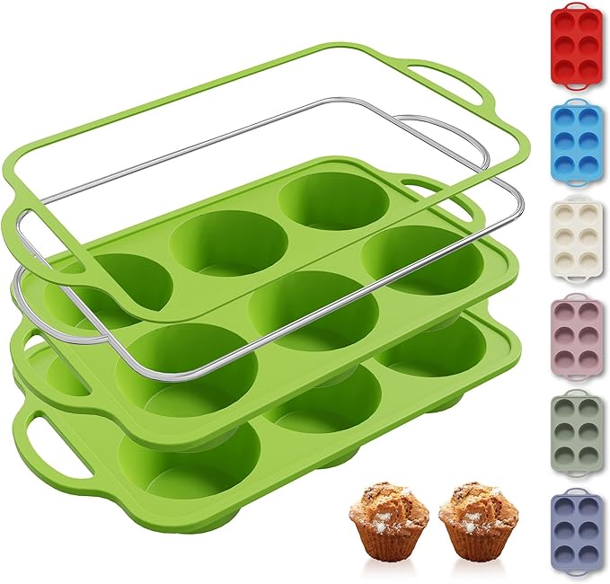 2 Packs 6 Cups Silicone Muffin Pan with Metal Reinforced Frame Jumbo Size Cupcake Pan Tray Egg Bites Silicone Circle Cookie Molds Muffin Tin Tart Pans Baking Sheet Set for Breakfast Sandwiches