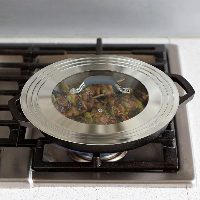Universal Pans Pots Lid Cover Fit All 8.25 Inch to 12 Inch Pots/Pans/Woks Stainless Steel and Glass Lid with Heat Resistant Knob, Gray