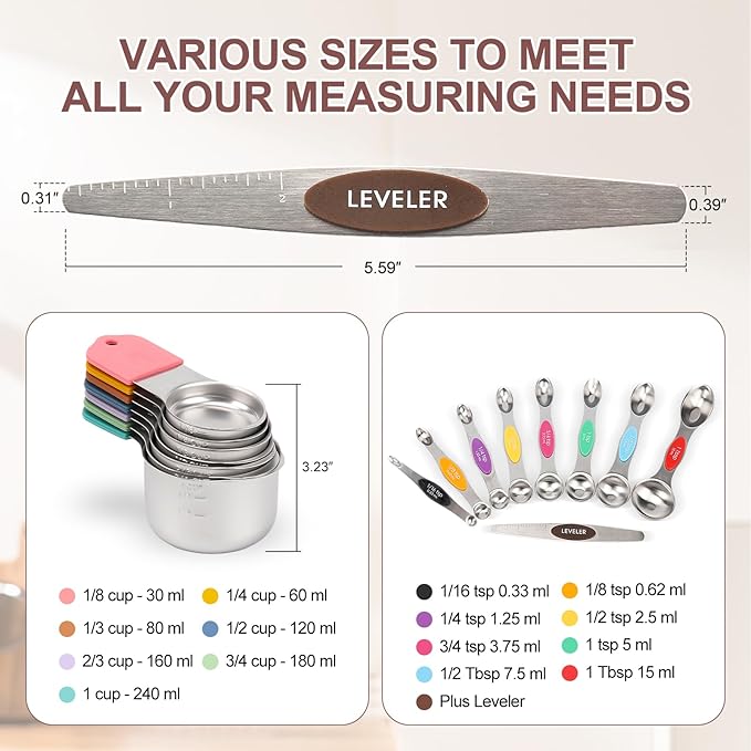 16-Piece Stainless Steel Measuring Cups and Spoons Set, Strong Magnetic Nesting Design 7 Cups 8 Spoons with Leveler, Double Measurement Markings for Dry & Liquid Ingredients, Colorful