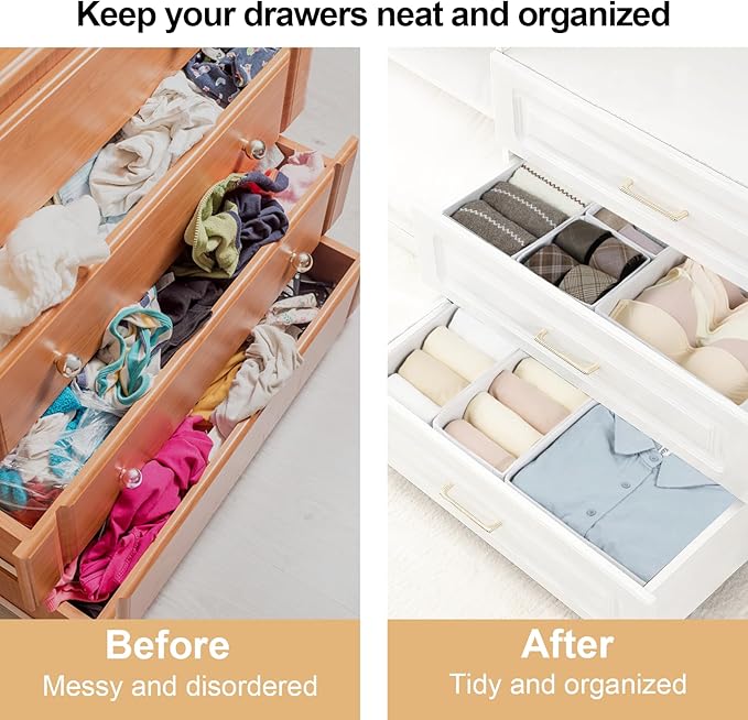 16 Pcs Drawer Organizer,Fabric Closet Organizer and Storage Baskets,Foldable Drawer Divider for Clothing,Sock,Ties,Underwear Drawer Organizers,Cabinet Storage Boxes (White)