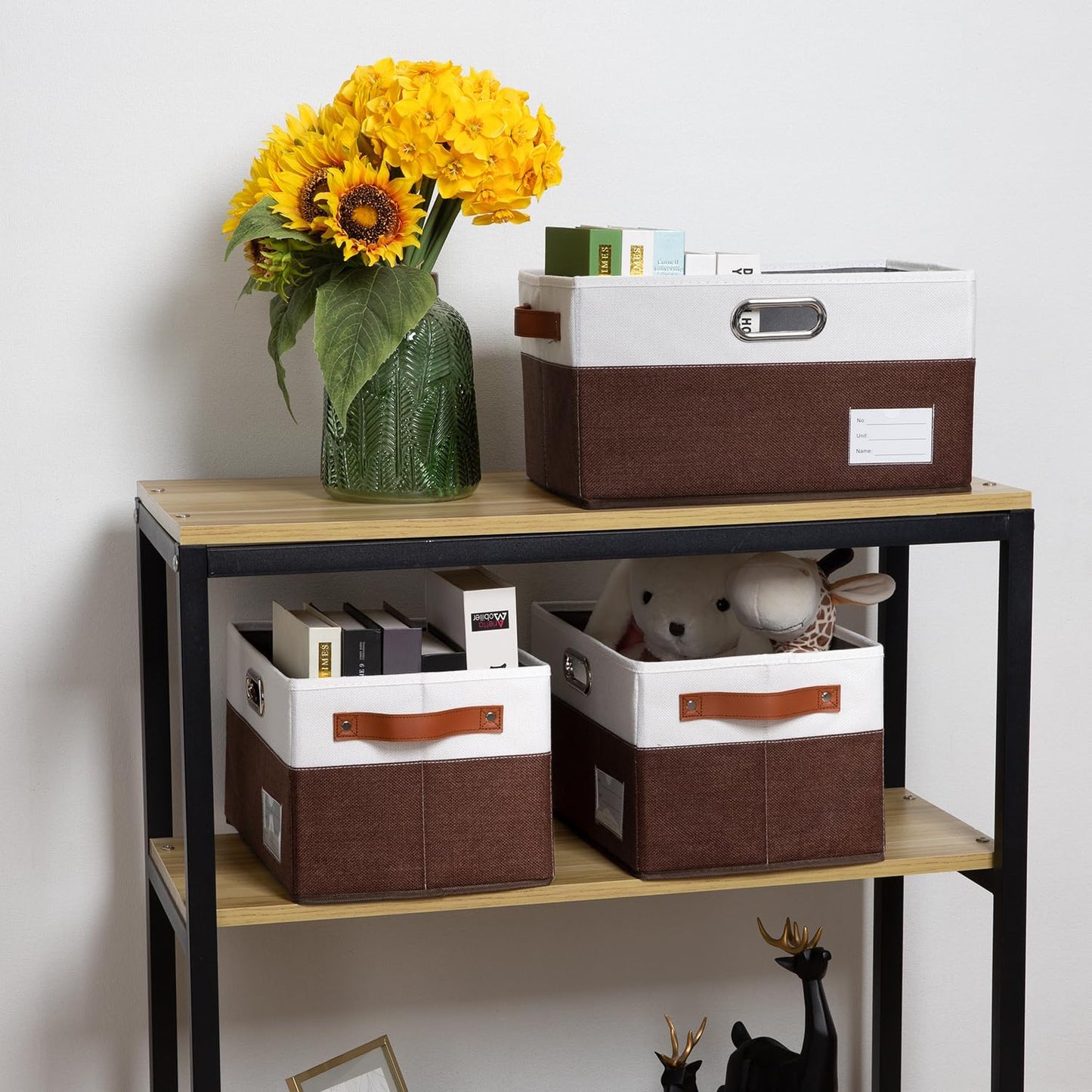 PRANDOM Foldable Storage Bins with Handles [3-Pack] Fabric Collapsible Storage Boxes Baskets Cubes Containers with Handles for Closet Living Room Bedroom (Brown & White 14.9x9.8x8.3'')
