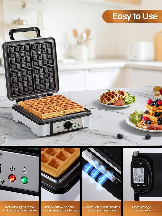 FOHERE Belgian Waffle Maker 4 Slices, 1200W Square Waffle Iron, 5 Browning Levels, Nonstick Plates, Cool-touch Handle, Anti-scald, Anti-overflow, Indicator Lights, Recipe, White (Large)