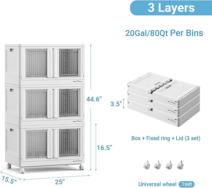 300Qt Stackable Storage Bins with Lids, 75Gal Closet Organizers and Storage Drawer, Plastic Collapsible Storage Bins with Doors, Heavy Duty Store Box Cabinet for Home Office, 3Pack White