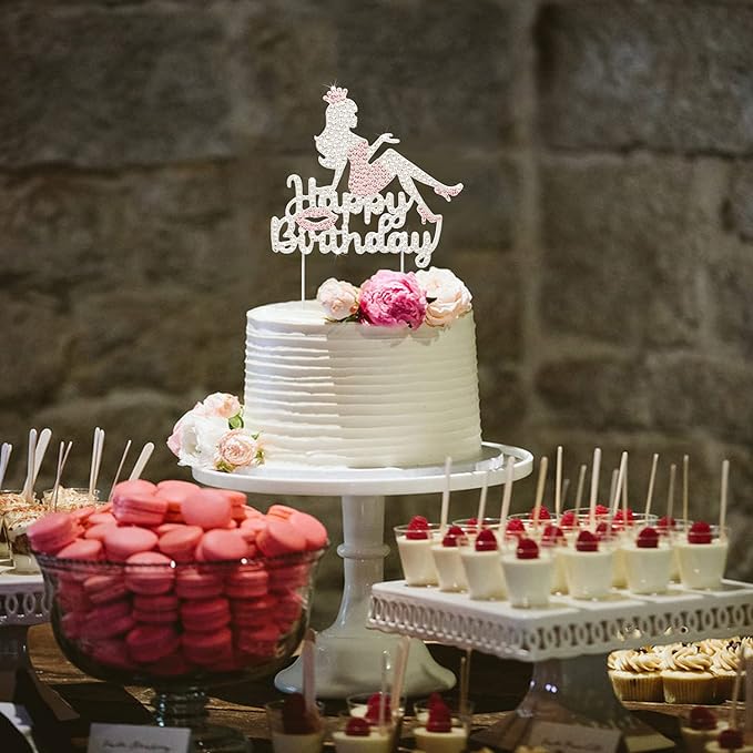 LINGTEER Happy Birthday Crown Queen Lady Rhinestone Cake Topper - Cheers to Makeup Spa Birthday Party Cake Centerpieces Decorations Gift Sign - Pink.