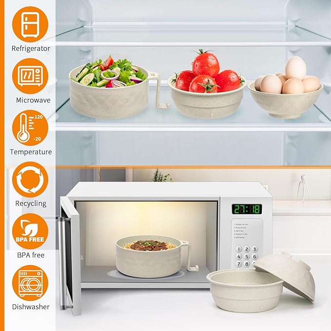 Ramen Bowl Set,Microwave Ramen Cooker Instant Noodles Bowl with Chopsticks Spoon,Rapid Ramen Noodle Bowl, Portable Noodle Bowls,for Home Office Dorm Room College gift(Beige)