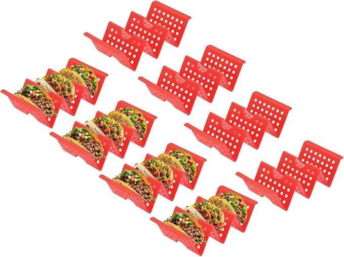 uxcell 8 Pcs Taco Holder Stand, Plastic Taco Plates Hold Up to 3 Tacos, Hollow Carved Taco Shell Holder, Dishwasher Microwave Safe, Red
