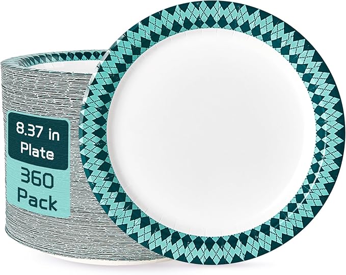 JOLLY PARTY Paper Plates Disposable, 360 Count 8.37 inch Dinner Plates, Soak Proof, Cut Proof for Everyday Use, Diamond Pattern Rim Design