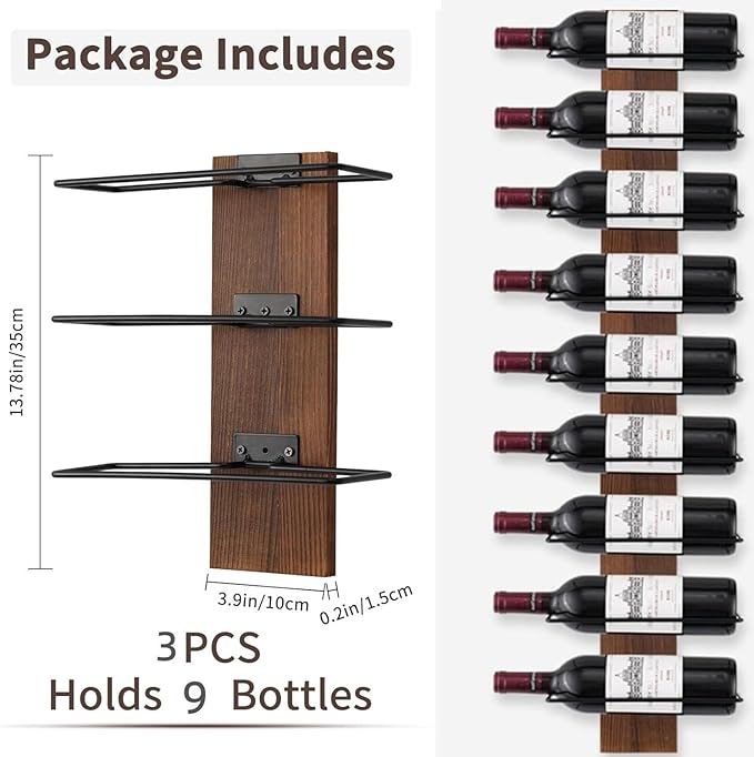 Wine Rack Wall Mounted, Wall Wine Rack for 9 Wine Bottles, Wood Wine Racks for Wall, Wall Mounted Wine Rack for Bar, Cellars, Kitchen, Dining Room