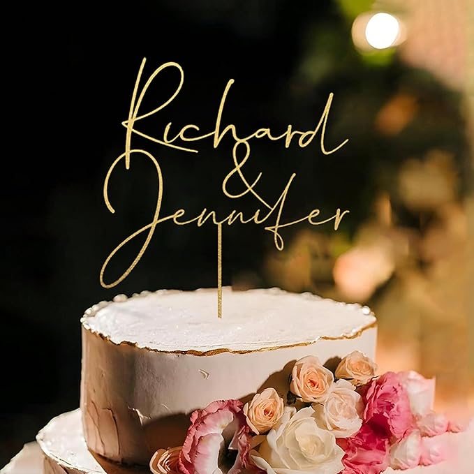 Personalized Wedding Cake Topper, Gold Cake Topper For Wedding, Rustic Weddings Cakes Topper, Personalized Acrylic or Wood Cake Decoration for Engagement, Anniversary, Bridal Shower 1