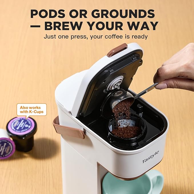 Single Serve One Cup Coffee Maker, for K Cups and Grounds, Mini Coffee Maker with Portable Handle, 6 to 12 Oz Brew Size, for Travel, Camping, Office, RV and Dorm, 120V, White and Brown