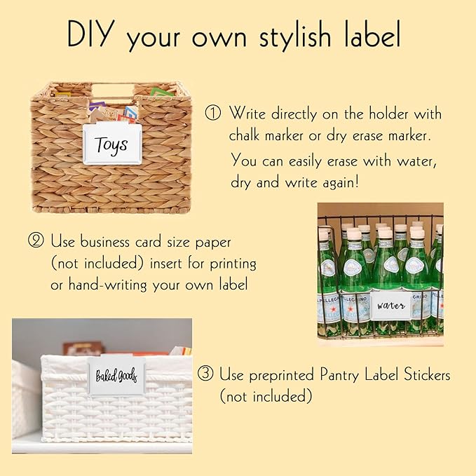 Basket Labels Clip on | Label Holders for Basket or Storage Bins Includes White Chalk Markers (8 White Holders + 2 Black Chalk Makers)