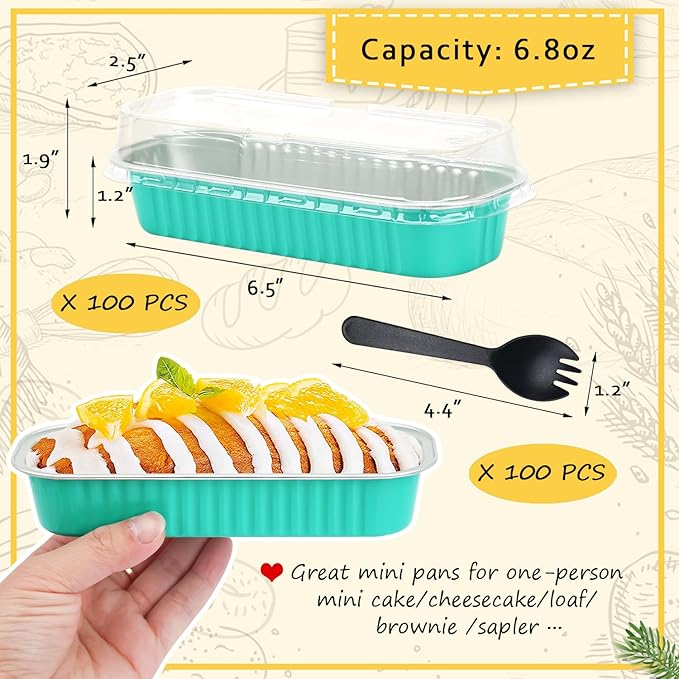LNYZQUS Mini Loaf Baking Pans with Lids 100 Pack, 6.8oz Rectangle Mini Cake Tins Baking Cups,Disposable Aluminum Foil Baking Pan Muffin Tins Containers -Cyan Blue