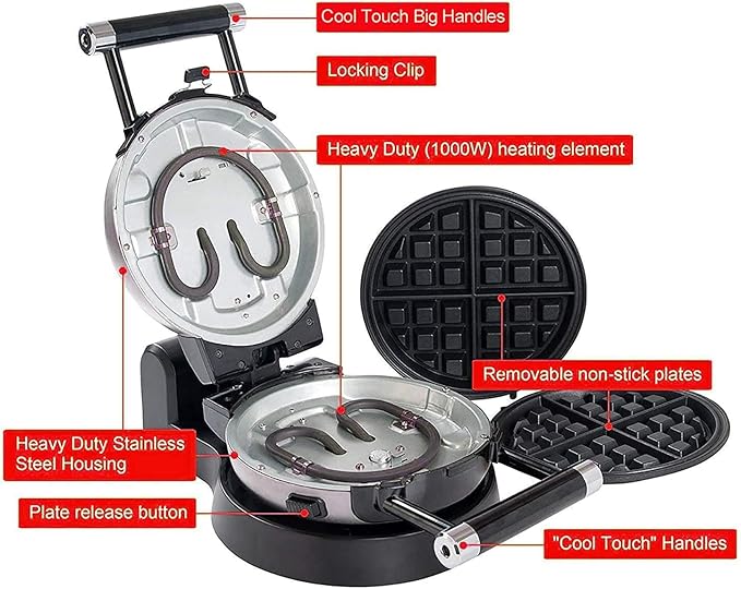360 Rotating Belgian Multifunction Nonstick Baking Waffle Maker with 2 sets of Interchangeable Belgian Waffle and Omelet Baking plates