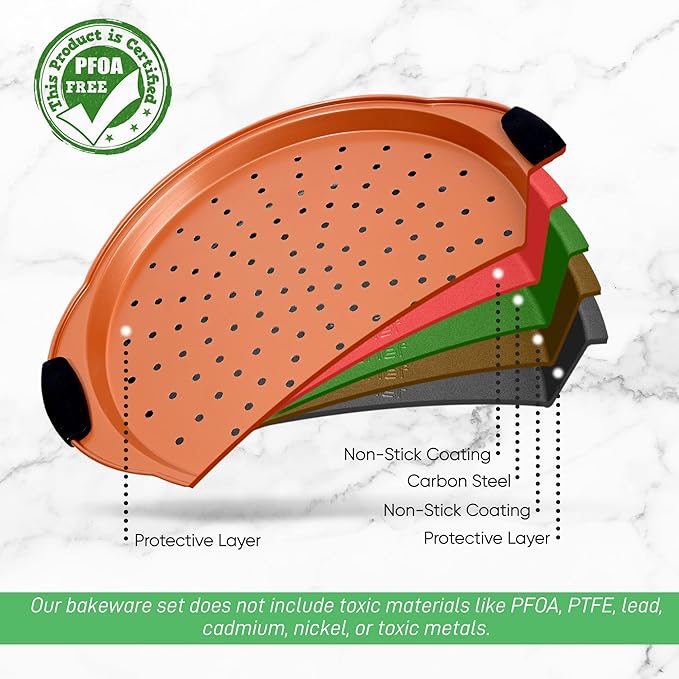 NutriChef 13-Inch Nonstick Pizza Tray - Round Carbon Steel Non-Stick Pizza Baking Pan with Perforated Holes, Premium Bakeware Pizza Screen with Silicone Grip Handles, Dishwasher Safe - Copper