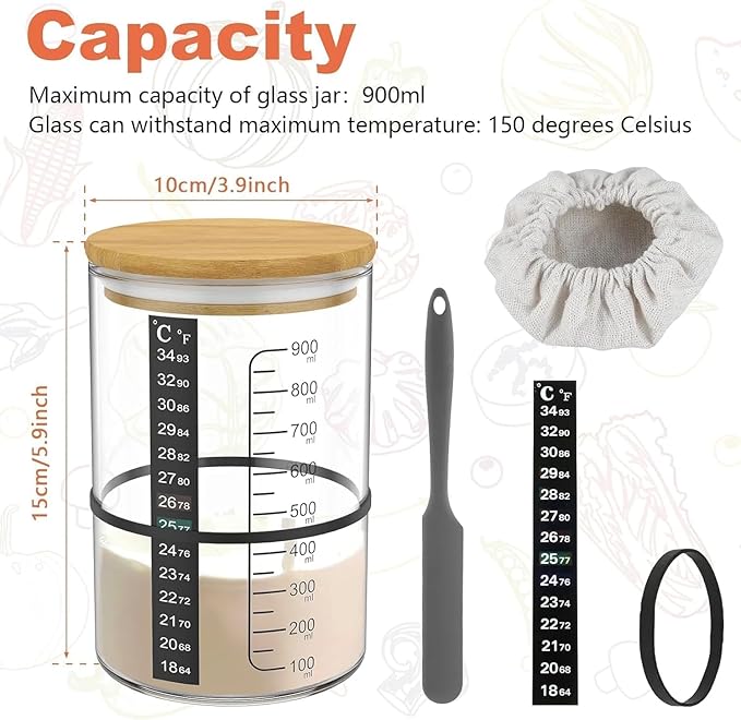 BRIRILINE Pro Sourdough Bread Starter Kit - 34 oz sourdough jar with 5 unique features for the perfect sour dough bread & sourdough starter kit - baking supplies (34oz-4pack)