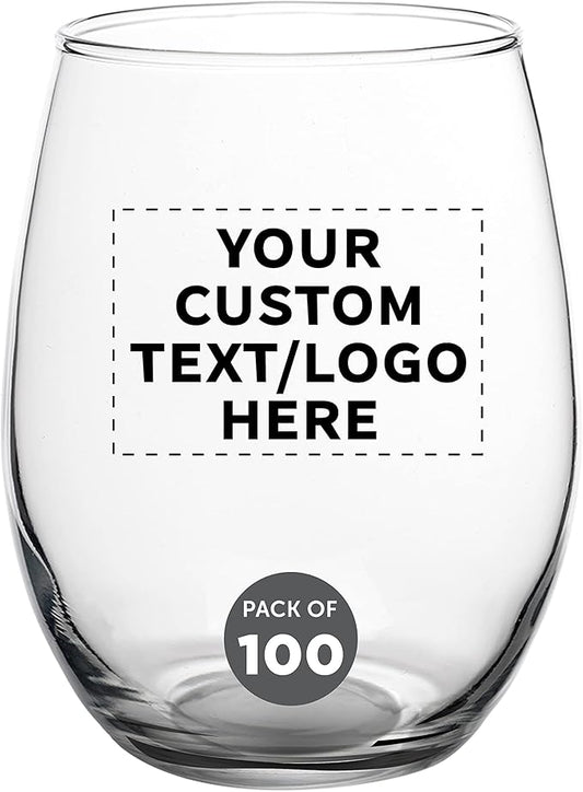 Custom Stemless Wine Glasses in Bulk by ARC Perfection, 15 oz, 100 pack, Personalized Text, Logo, Red or White Wine Glass Set, Black
