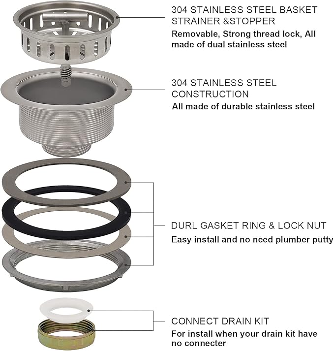 3-1/2 Inch Brushed Nickel Sink Strainers for Kitchen Sink, Stainless Steel Kitchen Sink Drain Strainer Assembly with Strainer Basket And Drain Stopper, US Standard Kitchen Sink Drain Replacement