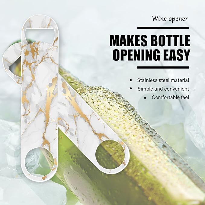 2 PACK Beer Bottle Opener, Stainless Steel Flat Bottle Openers,7 inch Metal Decor,White And Golden Marble