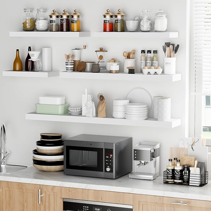 Fun Memories 16 Inch Floating Shelves - Deep Rustic White Wooden Wall Shelves - Extra Deeper & Thicker Wall Mounted Storage Shelf for Bedroom, Kitchen, Farmhouse - 2 Pack, Rustic White