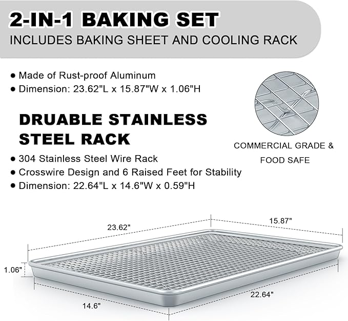 24 Inch Baking Sheet Pans with Rack Set, Natural Aluminum Cookie Sheet, Extra Large Commercial Quality Baking Sheet Pan Set, Warp Resistant Nonstick Thick Cookie Tray Pans for Baking, Roasting