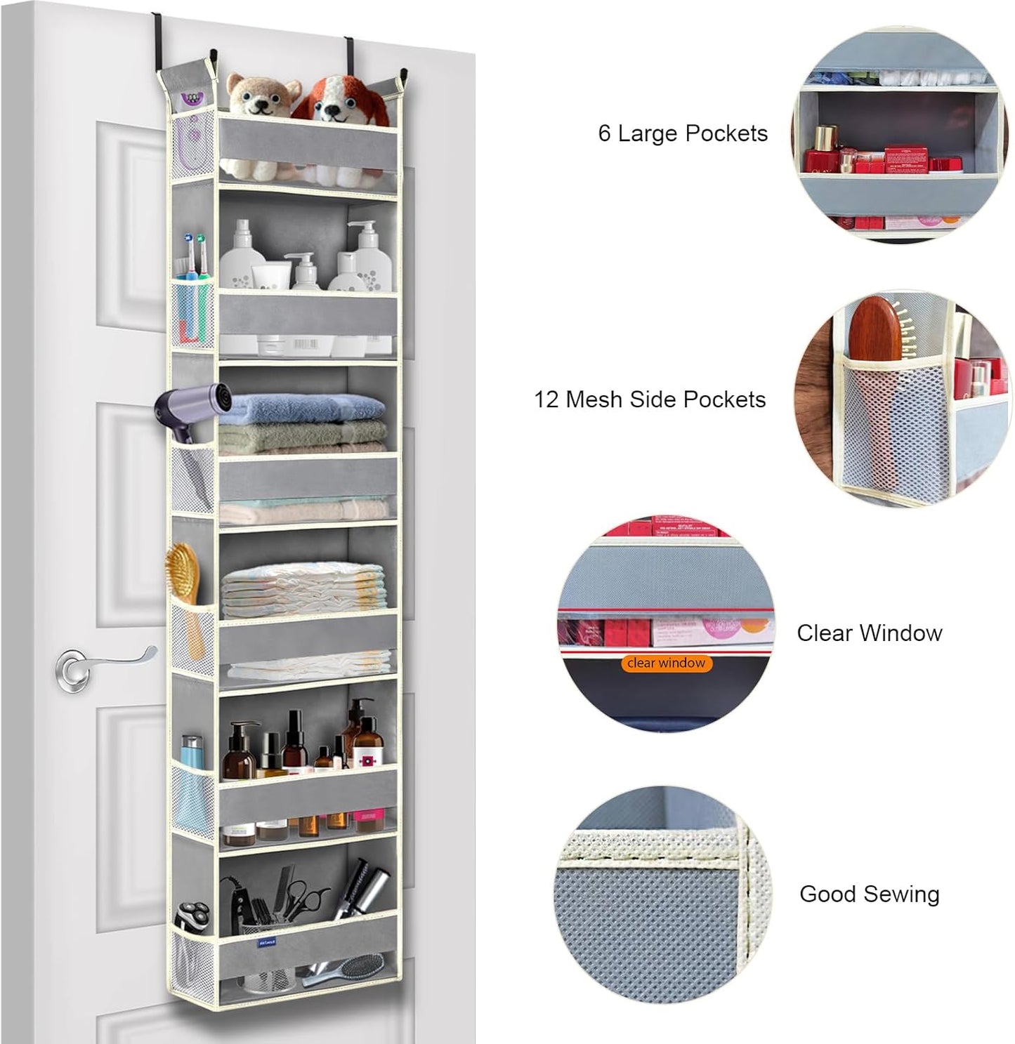 2 Pack Over The Door Hanging Organizer 6-Shelves and 12 Side Pockets, Over The Door Storage for Bathroom and Bedroom, Back of Door Organizers for Baby Products and Kid's Toys(13"x5"x54" Grey)