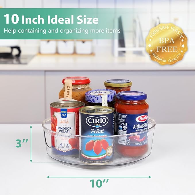 GUZON 2 Pack Lazy Susan Turntable for Cabinet, 10 Inch Lazy Susan Organizer with Handles and High Sides, Clear Rotating Organizer for Kitchen, Pantry, Dresser, Refrigerator, Bathroom, Table, Fridge