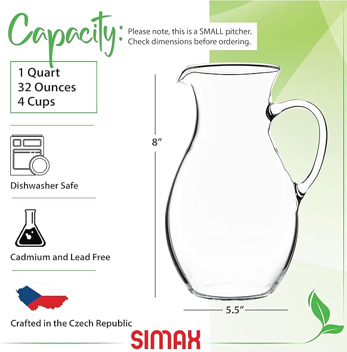 Simax Glass Pitcher With Spout, SMALL 1 Quart Borosilicate Glass Pitchers With Handle, Glass Water Pitcher Glass, Cocktail Pitcher, Margarita Pitcher, Sangria Pitchers, Beverage Pitchers
