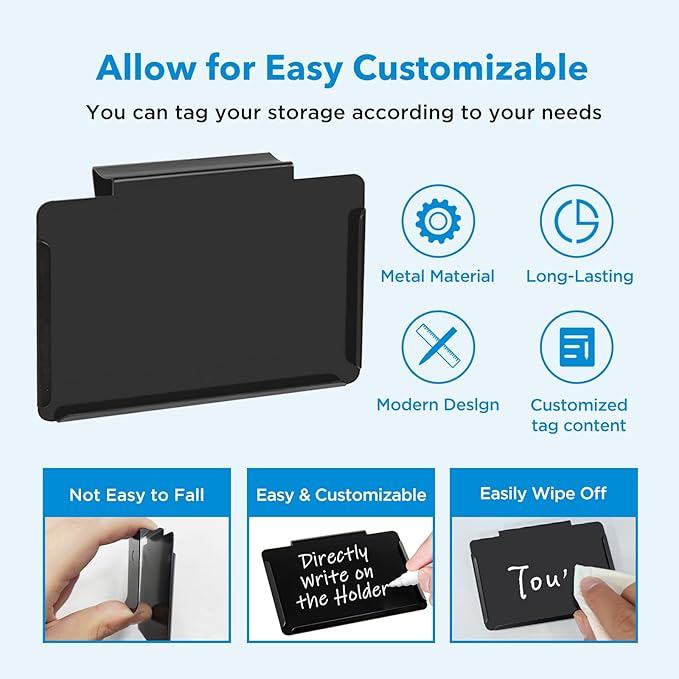 Metal Pantry Baskets Labels Clip On for Storage Bins | Edge Fold-Cream (Edge Fold-Black, 8 Metal Label Clip)