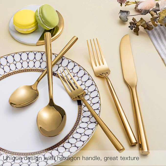 Silverware Set Flatware Set Shiny Gold Cutlery Set with Hexagon Handle Forged Stainless Steel Heavy 20 Pieces For Home Hotel Use Service for 4